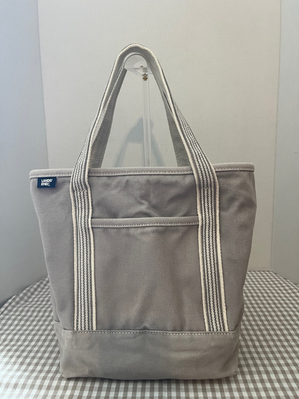 Lands End Medium 5 Pocket Canvas Tote Bag, Grey and Cream, Striped Handles